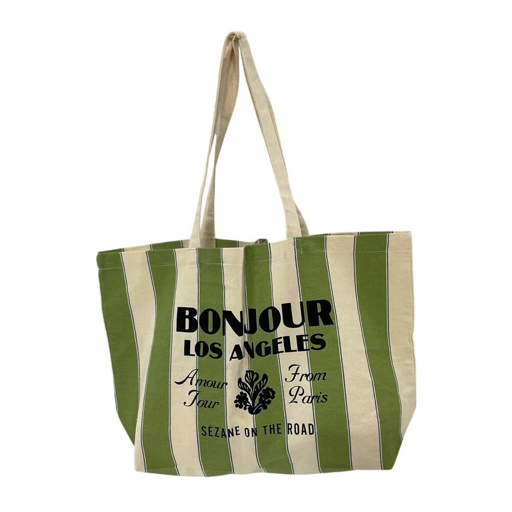 Sezane Striped Green Bonjour Tote Bag